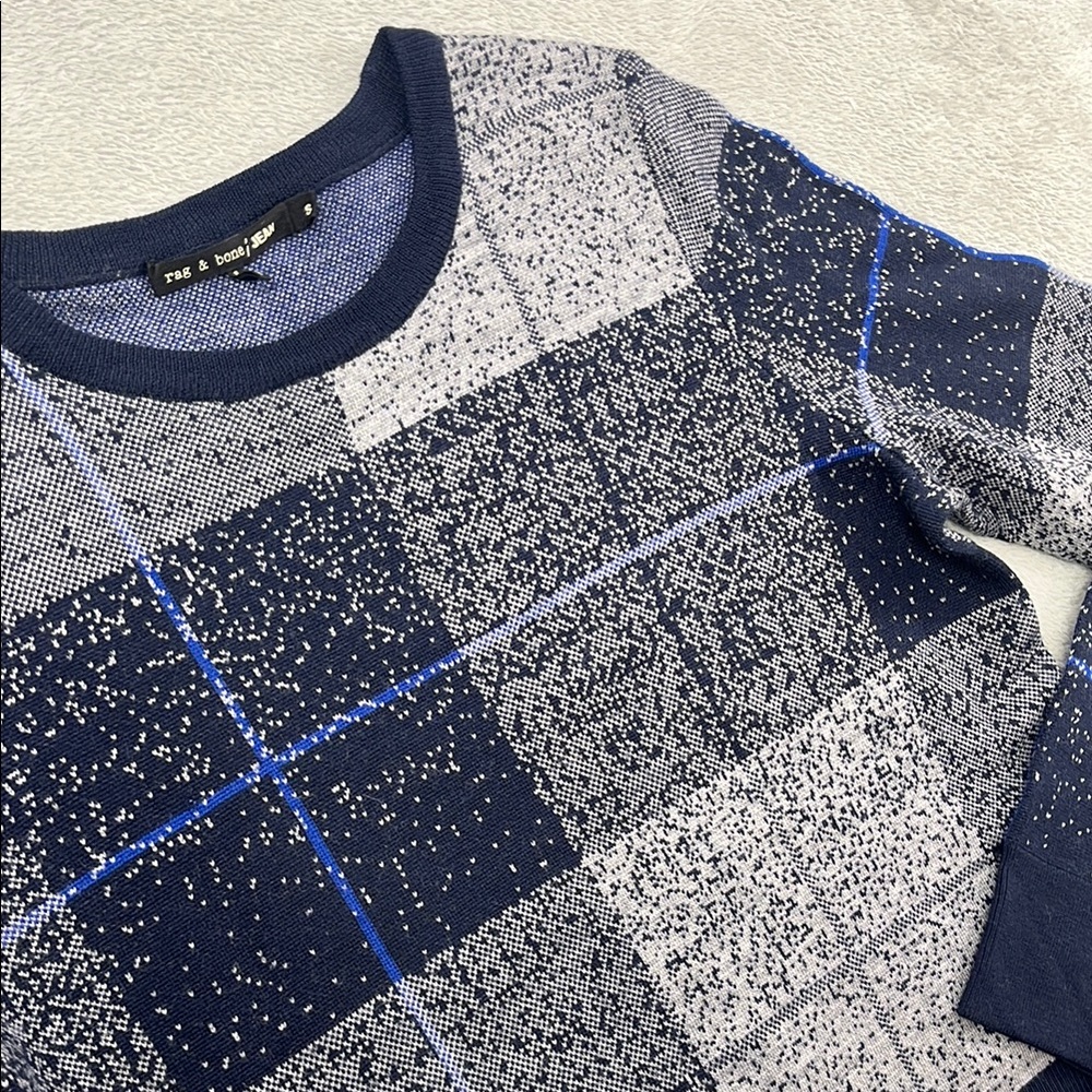 Rag & Bone S 100% Merino Wool Womens Navy Blue Plaid Squared Knit Sweater